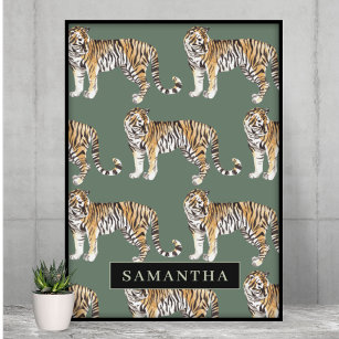 Affiche Tigres d'aquarelle verte tropicale Motif avec nom