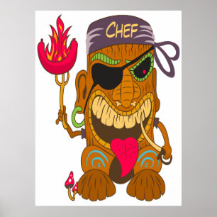 Affiche Tiki Chef Bandana avec Saucisse en Feu, Drôle
