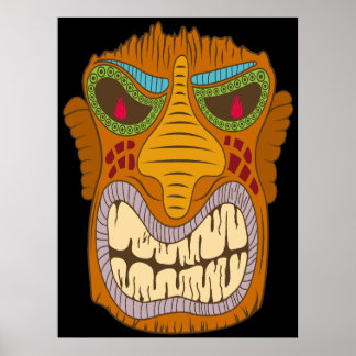 Affiche Tiki Fou avec des Flammes dans les Yeux, Noir