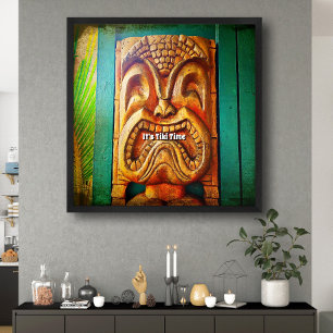 Affiche "Tiki Time" Feu, Vintage, Rétro, Bois Tiki Face
