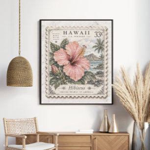 Affiche Timbre Vintage Hawaï Houx Tropical