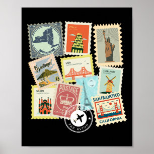 Affiche Timbres de voyage anciens vacances philatelie 