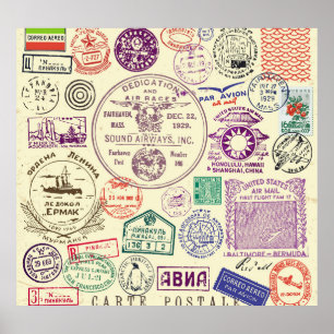 Affiche timbres vintages, ensemble de documents décoratifs