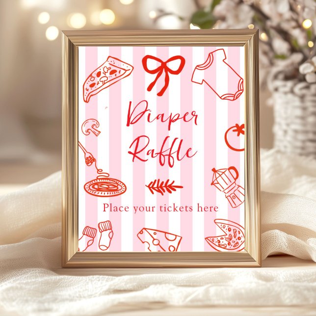 Affiche Tirage de Couches Bébé Shower Tranches Tranches Bé (Red and pink Diaper Raffle baby shower sign)