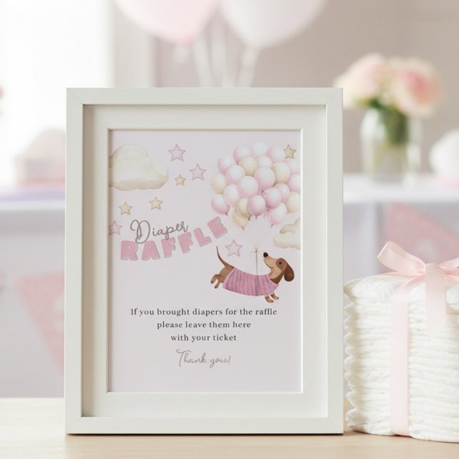 Affiche Tirage de Couches pour Bébé Jeu de Fête Rose pour  (Pink dachshund theme diaper raffle sign for girl baby shower)