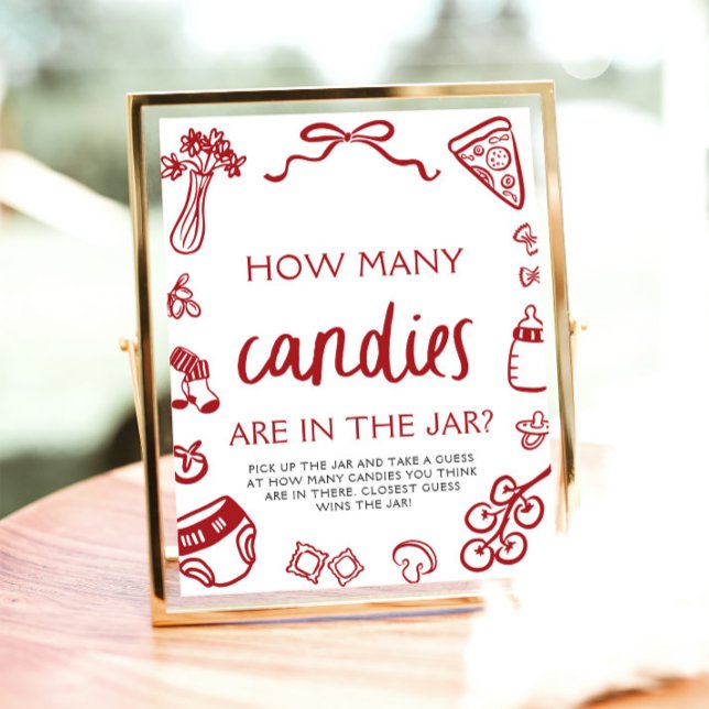 Affiche Tirage Main Rouge Dessinée Devine Combien de Bonbo (Red Hand Drawn Guess How Many Candies Baby Shower Sign)