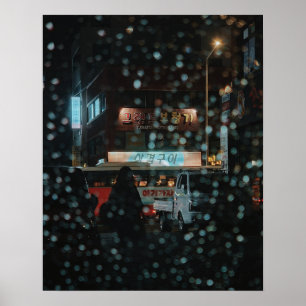 Affiche Tirage photo urbain de nuit pluvieuse à Jeju City