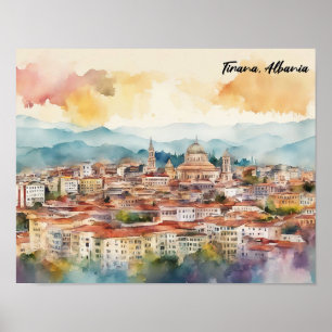 Affiche Tirana Albanie aquarelle peinture Panorama