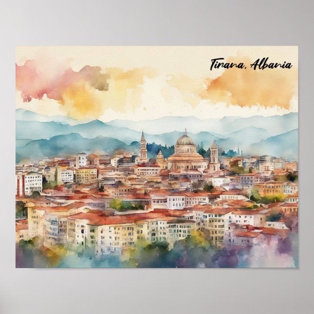 Affiche Tirana Albanie aquarelle peinture Panorama (Devant)