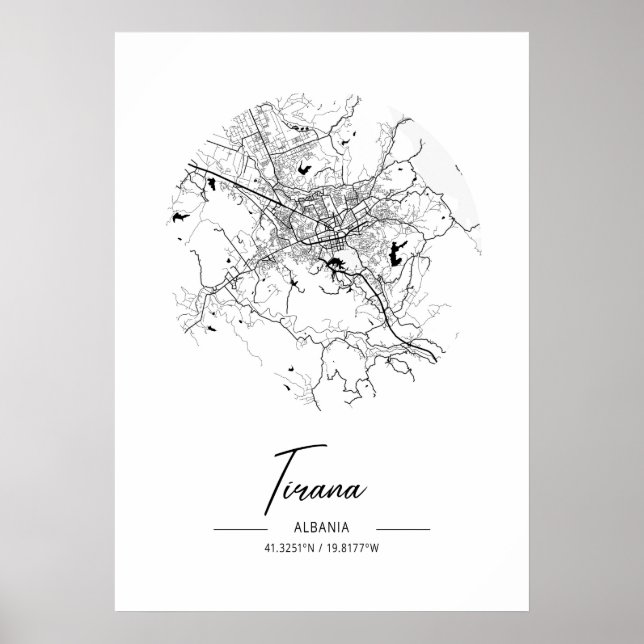 Affiche Tirana - Albanie Carte de la ville d'eau noire (Devant)
