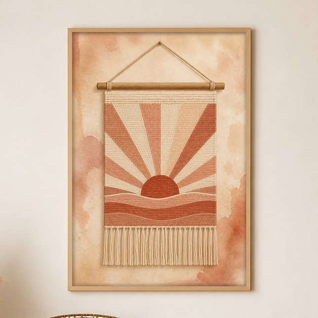 Affiche Tissage de soleil sur l'affiche d'art gouache boho (Shown framed for scale. Poster ships unframed; frames are an optional add-on.)