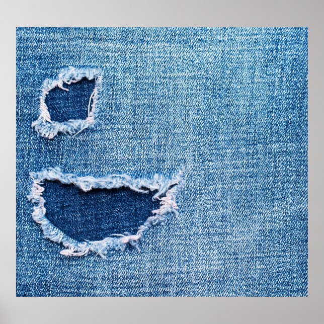 Affiche Tissu en denim déchiré, teintes bleues. (Devant)
