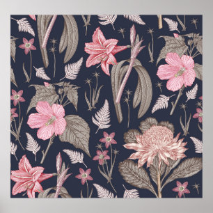 Affiche Tissu motif sans couture. Set Amaryllis Waratah Hi