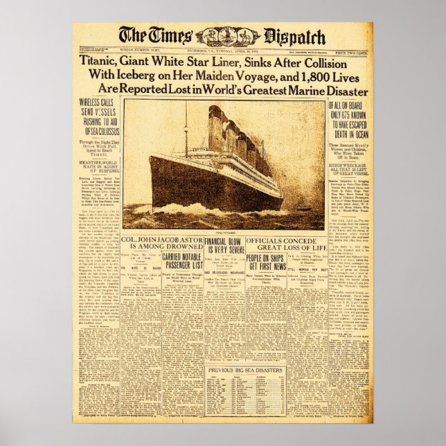 Affiche Titanic Sinks Après Collision Avec Iceberg 1912 (Devant)