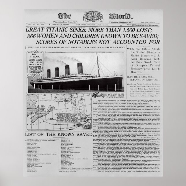 Affiche TITANIC SINKS - Frontpage News Worldwide 1912 (Devant)