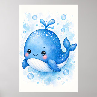 Affiche Titre  Baleine bleue mignonne Art de nurserie à l'