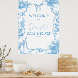 Affiche Toile Bleue Bleue de Jouy Ours Bébé Bienvenue