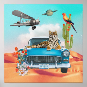 Affiche Toile de collage rétro de tigre désert cactus