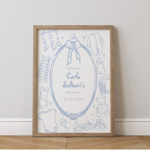 Affiche Toile De Jouy Baby shower Bleu Bleu Whimsical