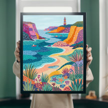 Toile de plage de phare d'art folklorique côtier c