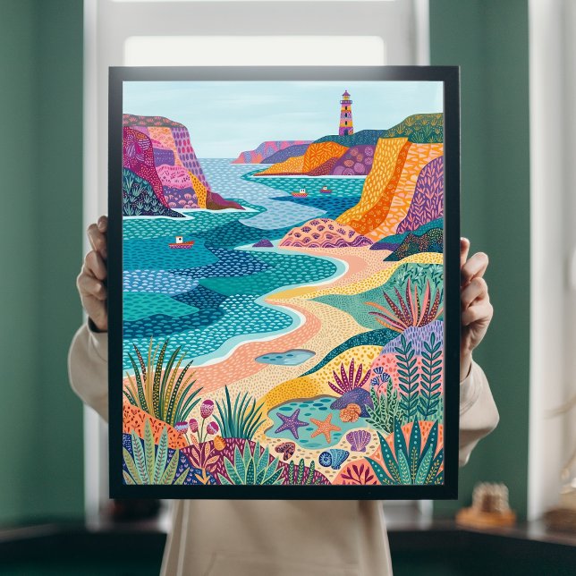 Affiche Toile de plage de phare d'art folklorique côtier c (Créateur téléchargé)