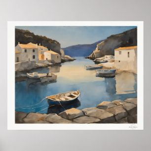 Affiche Toile de port méditerranéen, bateaux de pêche côti