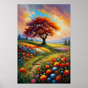 Affiche Toile du coucher du soleil, Fleurs colorées