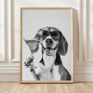 Affiche Toile représentant un beagle tenant un cocktail, n