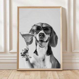 Affiche Toile représentant un beagle tenant un cocktail, n