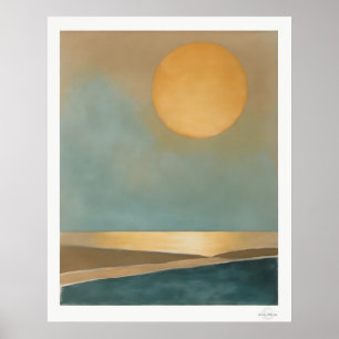 Affiche Toile Soleil Doré Abstrait, Horizon de Mer Calme