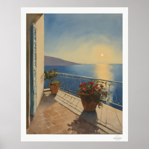 Affiche Toile Terrasse au coucher du soleil, vue sur la me