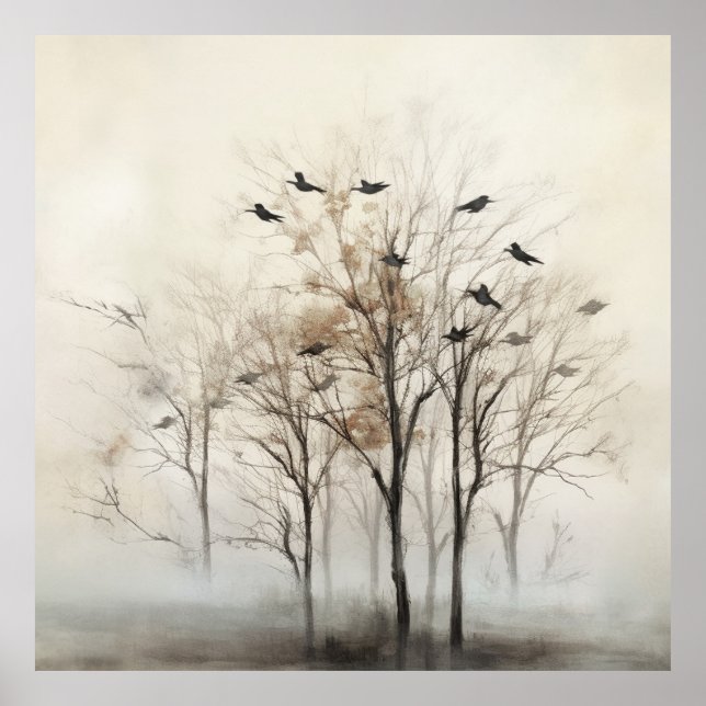 Affiche Toiles d'art mural abstraites Arbres et Oiseaux (Devant)
