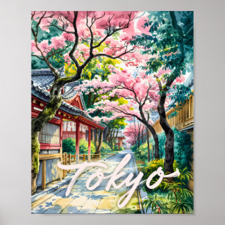 Affiche Tokyo Cerisier Aquarelle Japon Traditionnel 