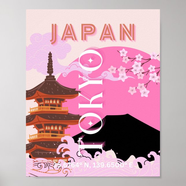 Affiche Tokyo Japan Travel Art, Retro Travel Art, Rose (Devant)
