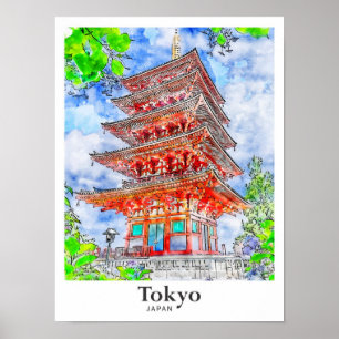 Affiche Tokyo Japon Aquarelle Voyage Main tirée