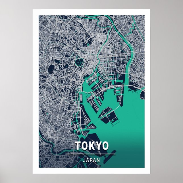 Affiche Tokyo - Japon Carte de la ville bleue foncée (Devant)