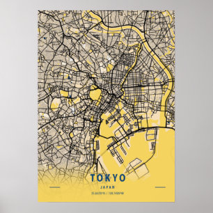 Affiche Tokyo - Japon Carte de la ville jaune