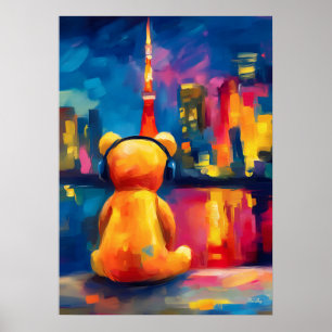 Affiche Tokyo Teddy Neon Skyline Night Reflection