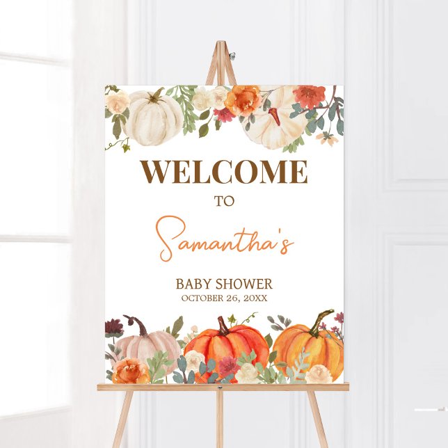 Affiche Tomber dans l'amour Citrouille Floral Baby shower  (Fall Floral Pumpkin Baby Shower Welcome Sign)