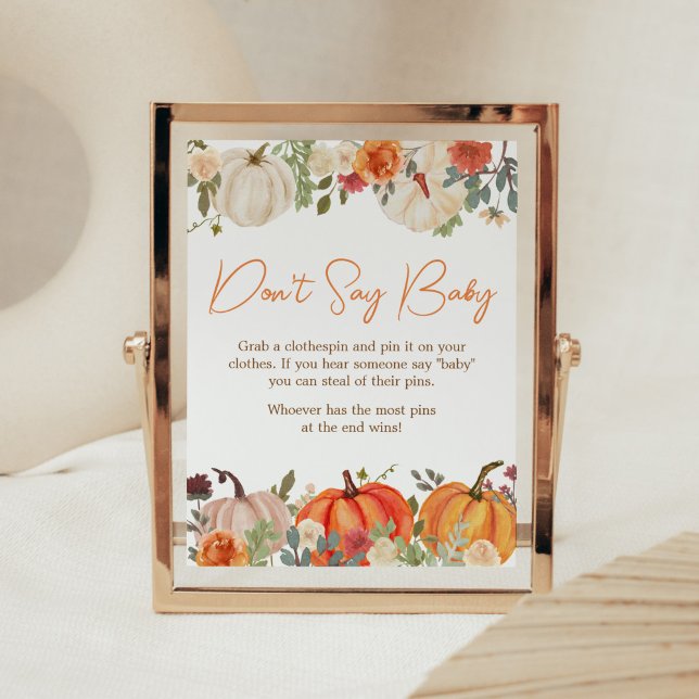 Affiche Tomber dans l'amour Citrouille floral ne pas dire  (Fall Floral Pumpkin Baby Shower Don't Say Baby Sign)