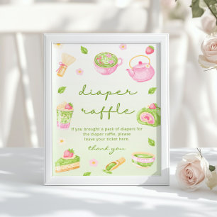 Affiche Tombola de couches Tea Matcha Rose Fête de Naissan