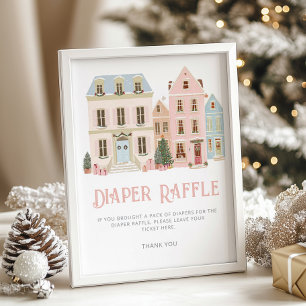 Affiche Tombola de couches village de Noël Baby Shower ros