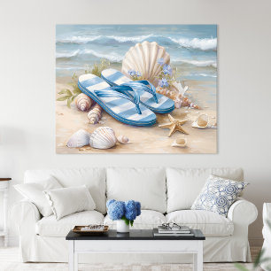 Affiche Tongs bleus Coquillages Art de plage côtière estiv
