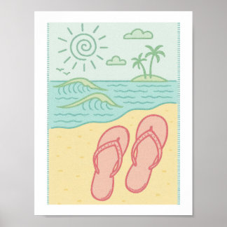 Affiche Tongs de plage rétro Tropical Océan Côtes Soleil