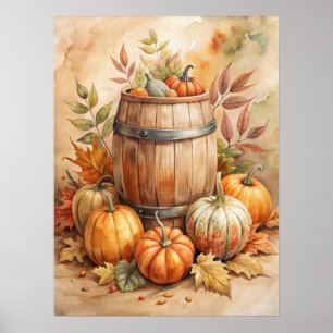 Affiche Tonneau d'aquarelle avec citrouilles automne