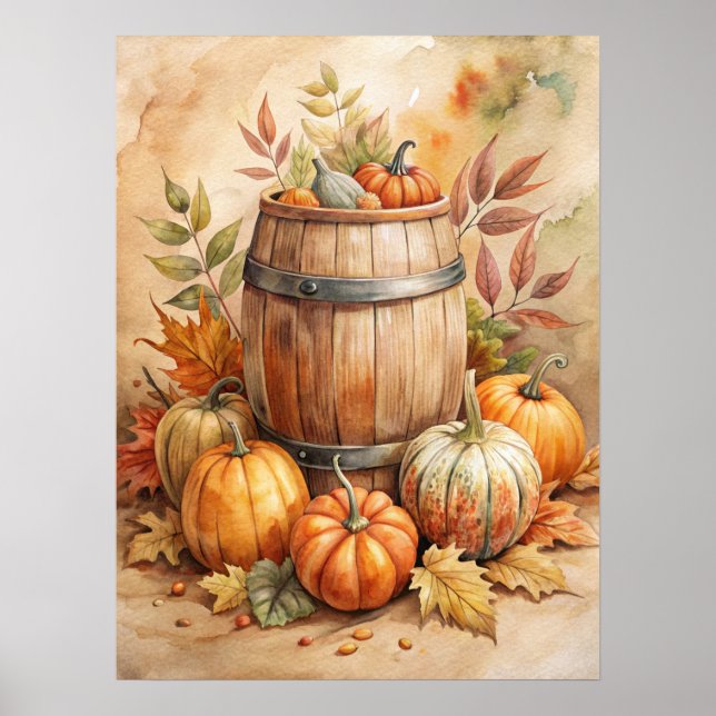 Affiche Tonneau d'aquarelle avec citrouilles automne (Devant)