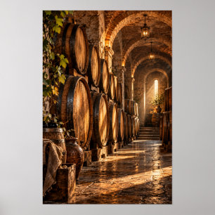Affiche Tonneaux à vin en chêne vintage dans une cave en p