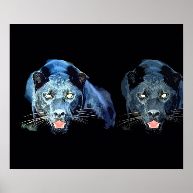 Affiche Tons Bleus Yeux de Chat Jaguar Noir Sauvag (Devant)