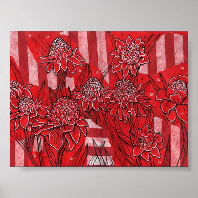 Affiche Torch Ginger Lily, Fleurs rouges Tropical Floral A (Devant)
