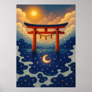 Affiche Torii Porte avec Imaginaire soleil et lune Japonai